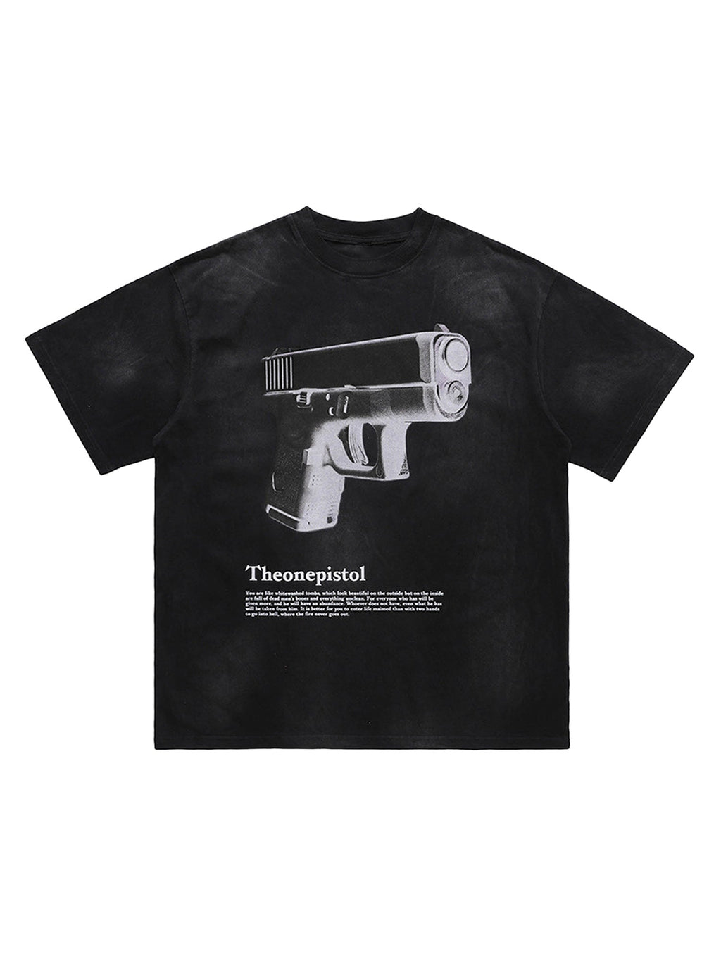 BLACK SHORT SLEEVE T-SHIRT WITH GUN GRAPHIC - TRENDY CASUAL SHORT