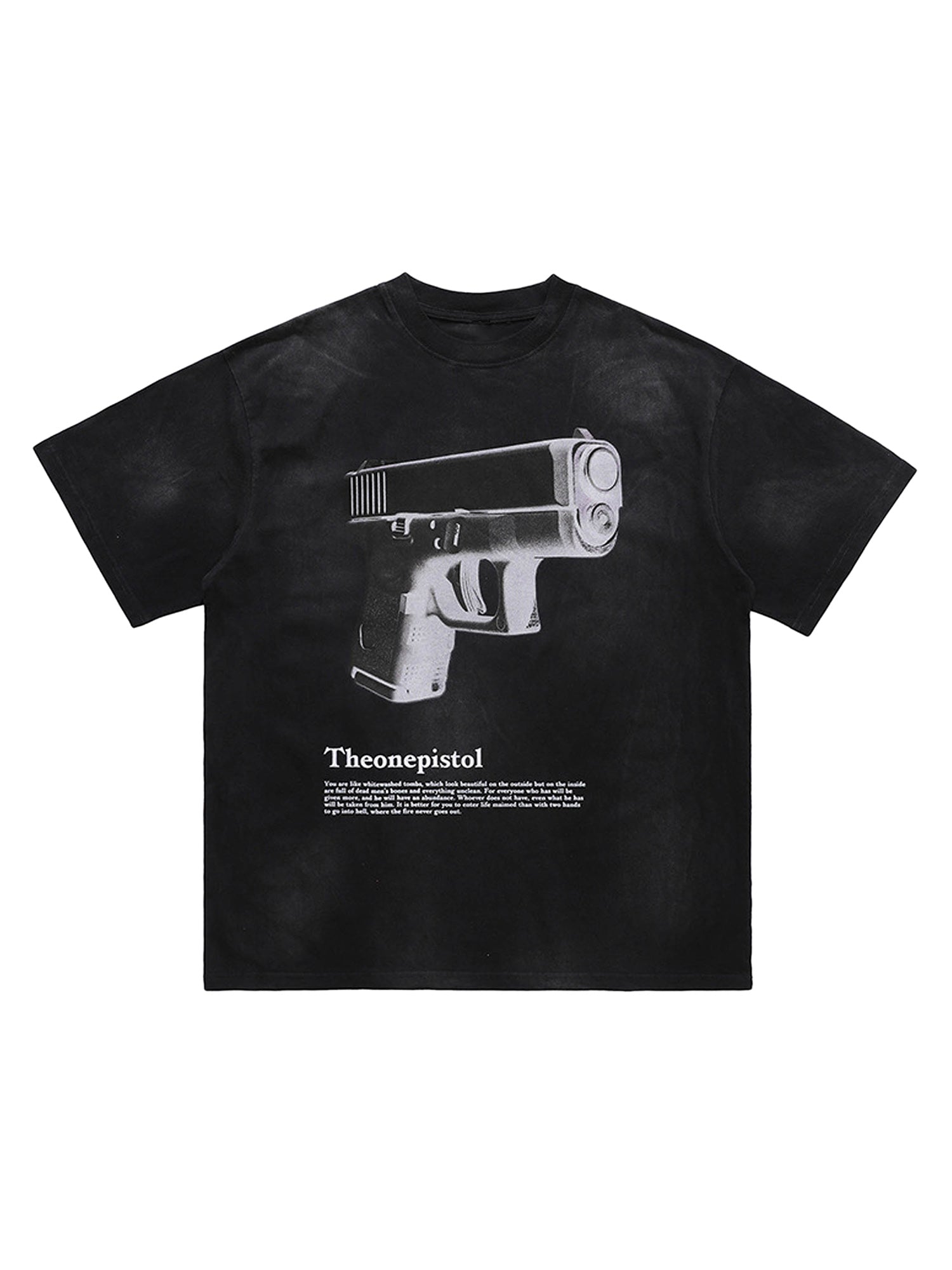 BLACK SHORT SLEEVE T-SHIRT WITH GUN GRAPHIC - TRENDY CASUAL SHORT