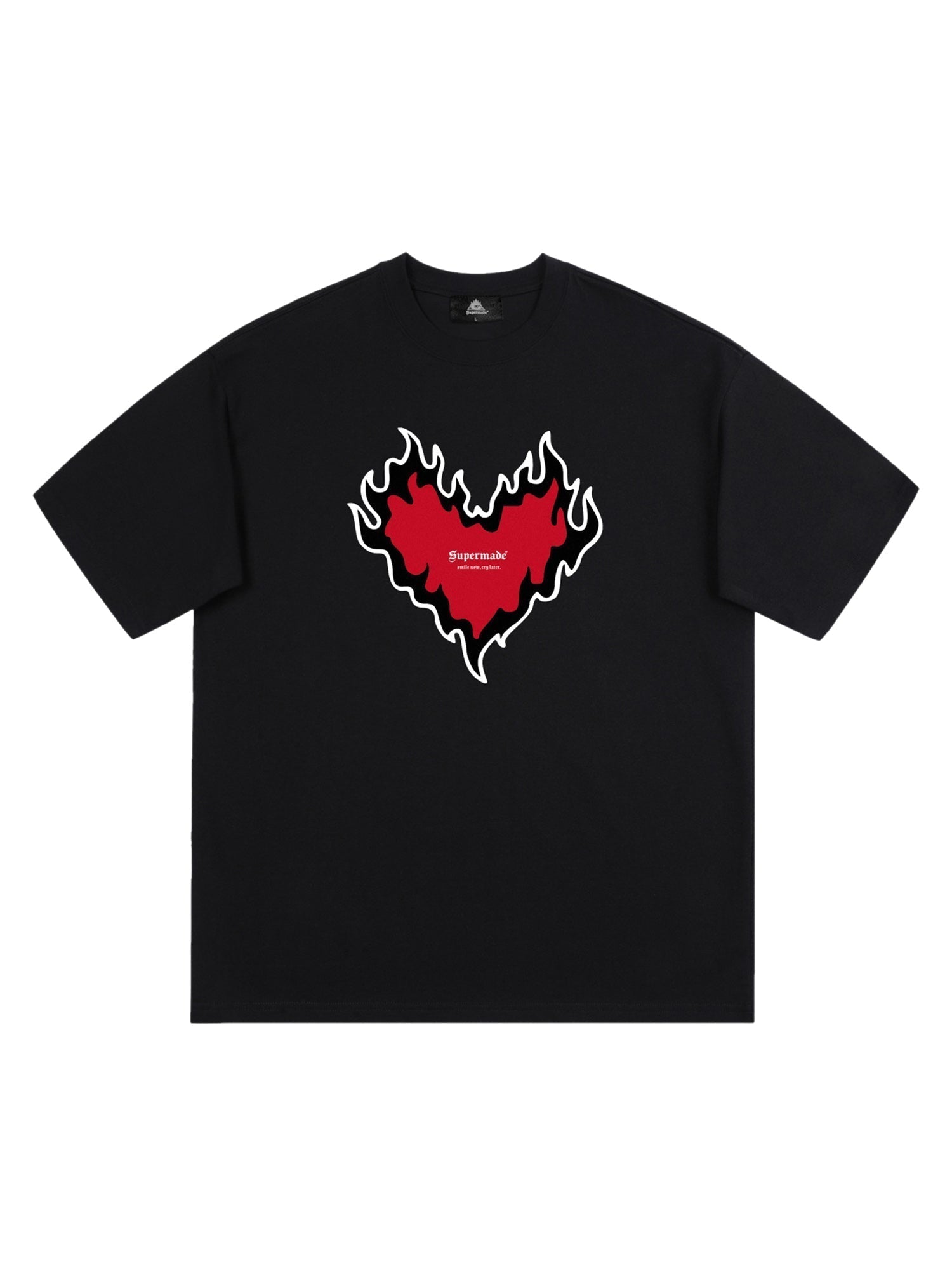 BLACK SHORT SLEEVE T-SHIRT WITH HEART GRAPHIC - CHIC SHORT SLEEVE DESIGN