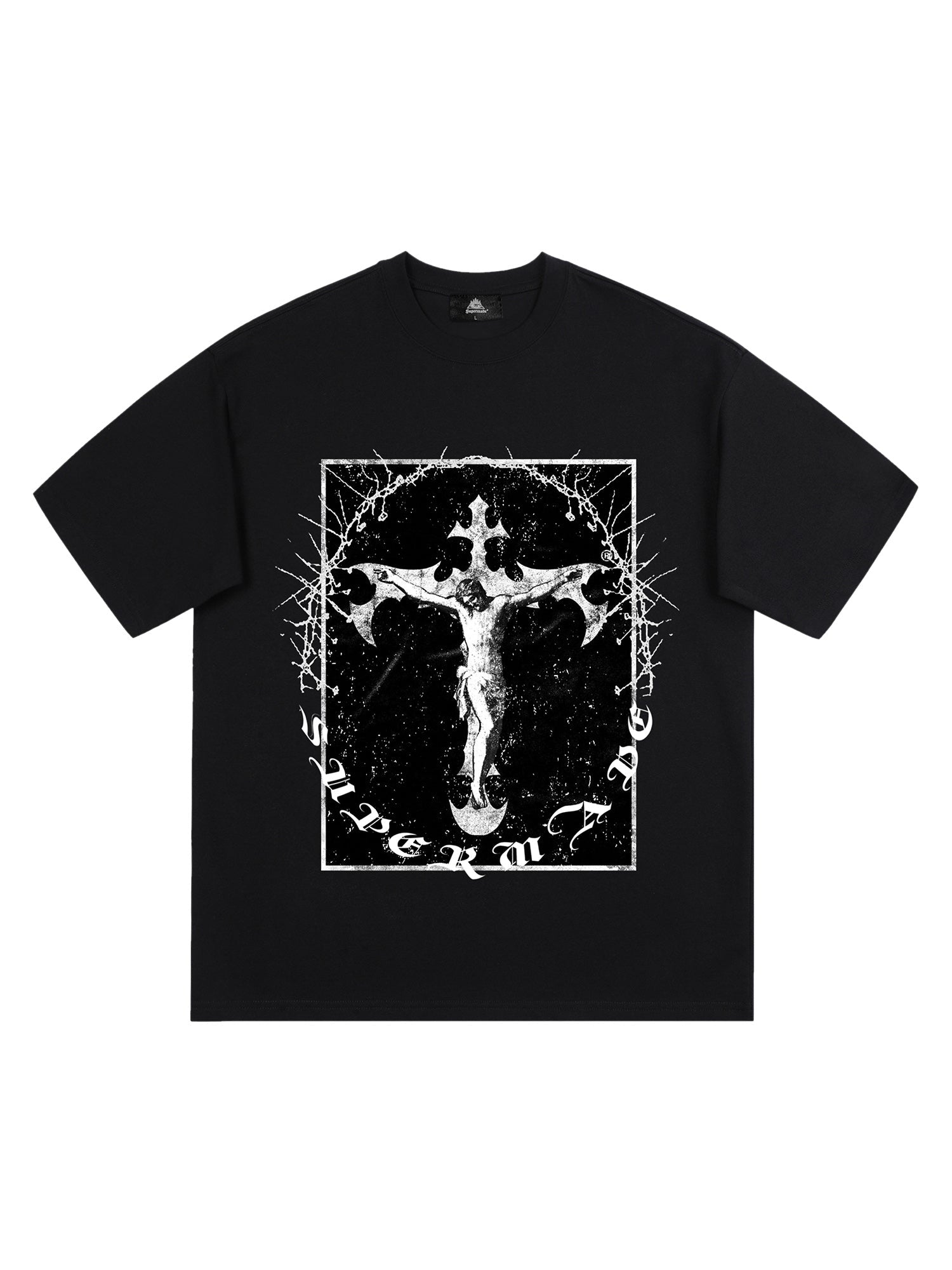 BLACK SHORT SLEEVE T-SHIRT WITH WHITE GRAPHIC - JESUS PRINT SHORT SLEEVE