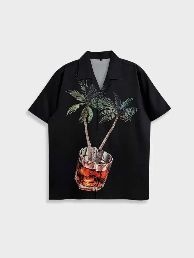 BLACK SHORT-SLEEVED SHIRT WITH VINTAGE HAWAIIAN DRINK GRAPHIC