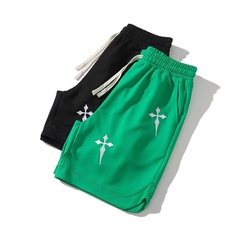BLACK SHORTS WITH WHITE ROMAN CROSS DESIGN