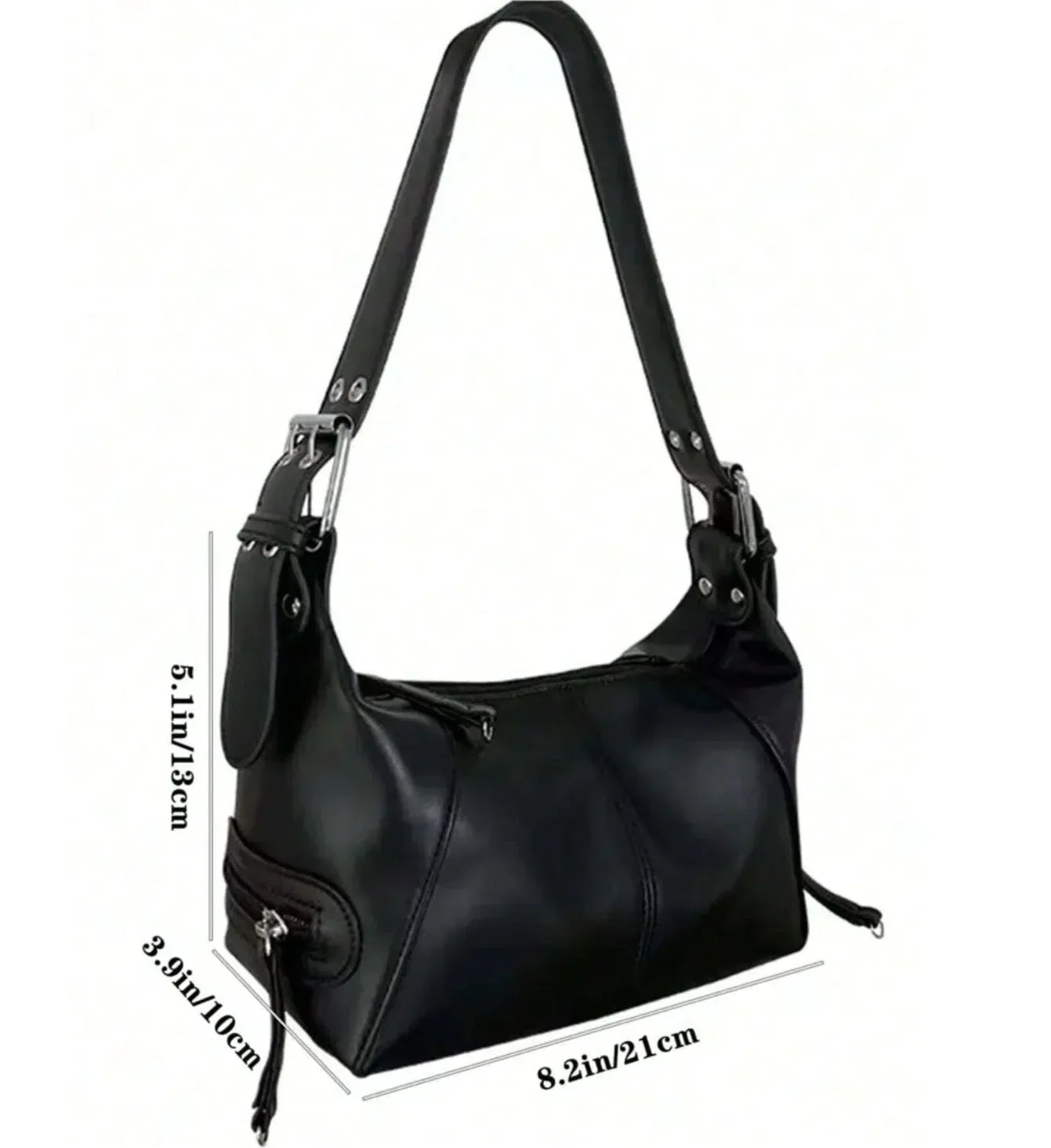 BLACK SHOULDER BAG WITH ADJUSTABLE STRAP - VINTAGE STUDDED PLEATED BOSTON