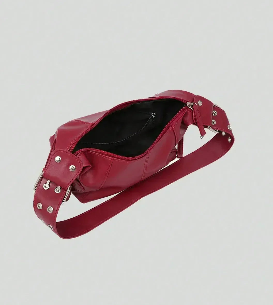 BLACK SHOULDER BAG WITH ADJUSTABLE STRAP - VINTAGE STUDDED PLEATED BOSTON