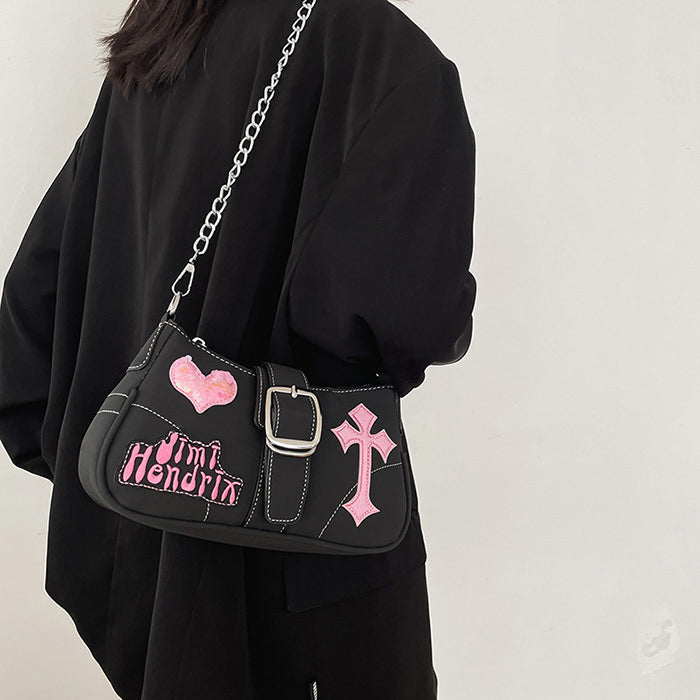 BLACK SHOULDER BAG WITH PINK ACCENTS FOR DAILY