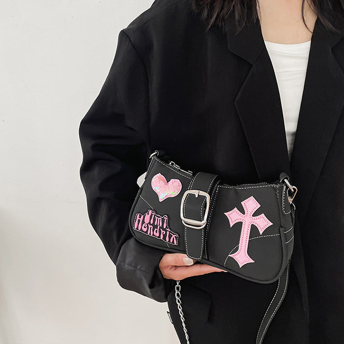 BLACK SHOULDER BAG WITH PINK ACCENTS FOR DAILY