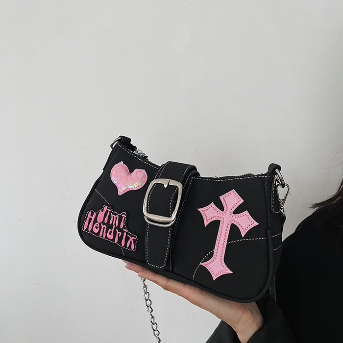 BLACK SHOULDER BAG WITH PINK ACCENTS FOR DAILY