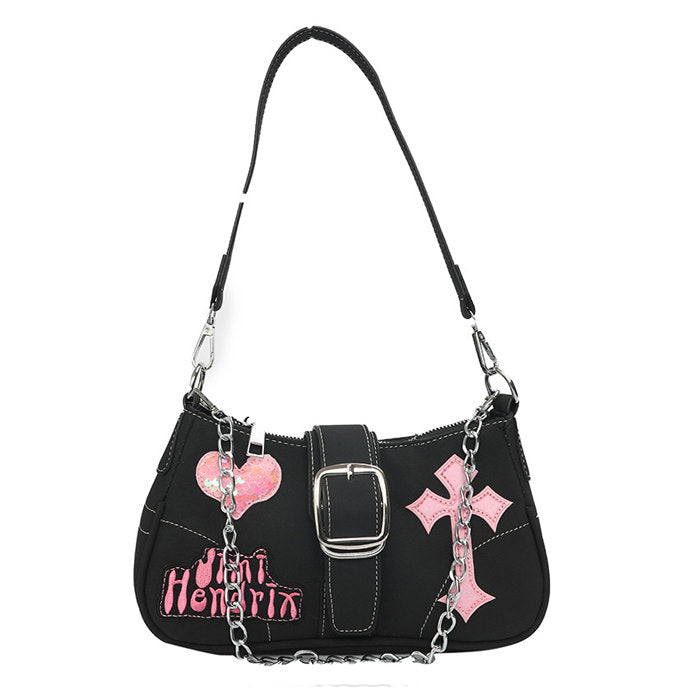 BLACK SHOULDER BAG WITH PINK ACCENTS FOR DAILY