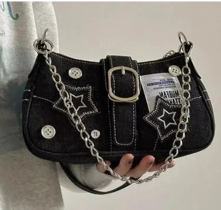 BLACK SHOULDER BAG WITH SILVER CHAIN - HIGH QUALITY LARGE CAPACITY