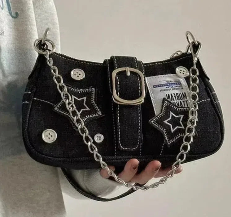 BLACK SHOULDER BAG WITH SILVER CHAIN - HIGH QUALITY LARGE CAPACITY