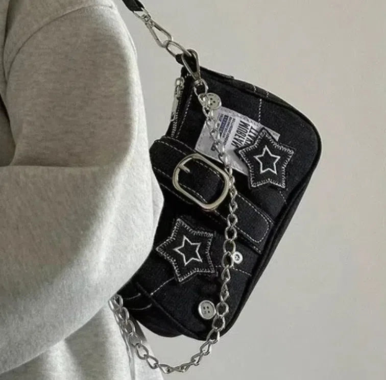 BLACK SHOULDER BAG WITH SILVER CHAIN - HIGH QUALITY LARGE CAPACITY