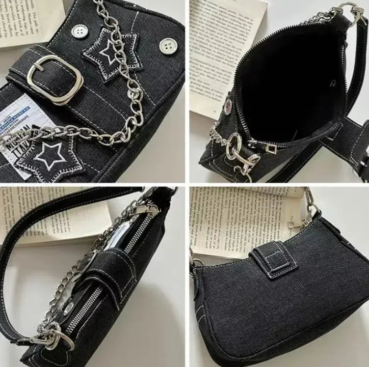 BLACK SHOULDER BAG WITH SILVER CHAIN - HIGH QUALITY LARGE CAPACITY