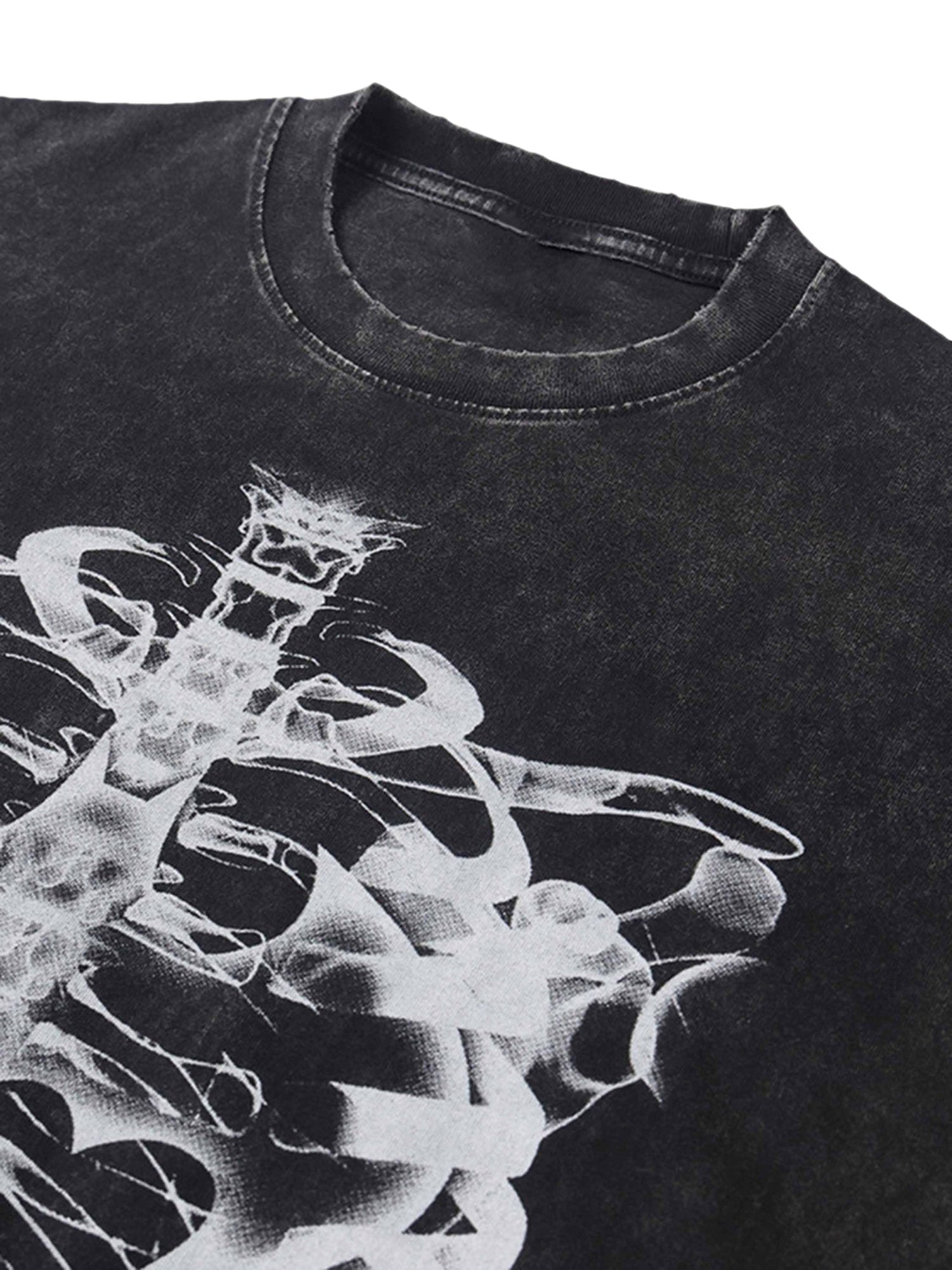 BLACK SKELETON PRINT SHORT SLEEVE T-SHIRT WITH ROUND COLLAR