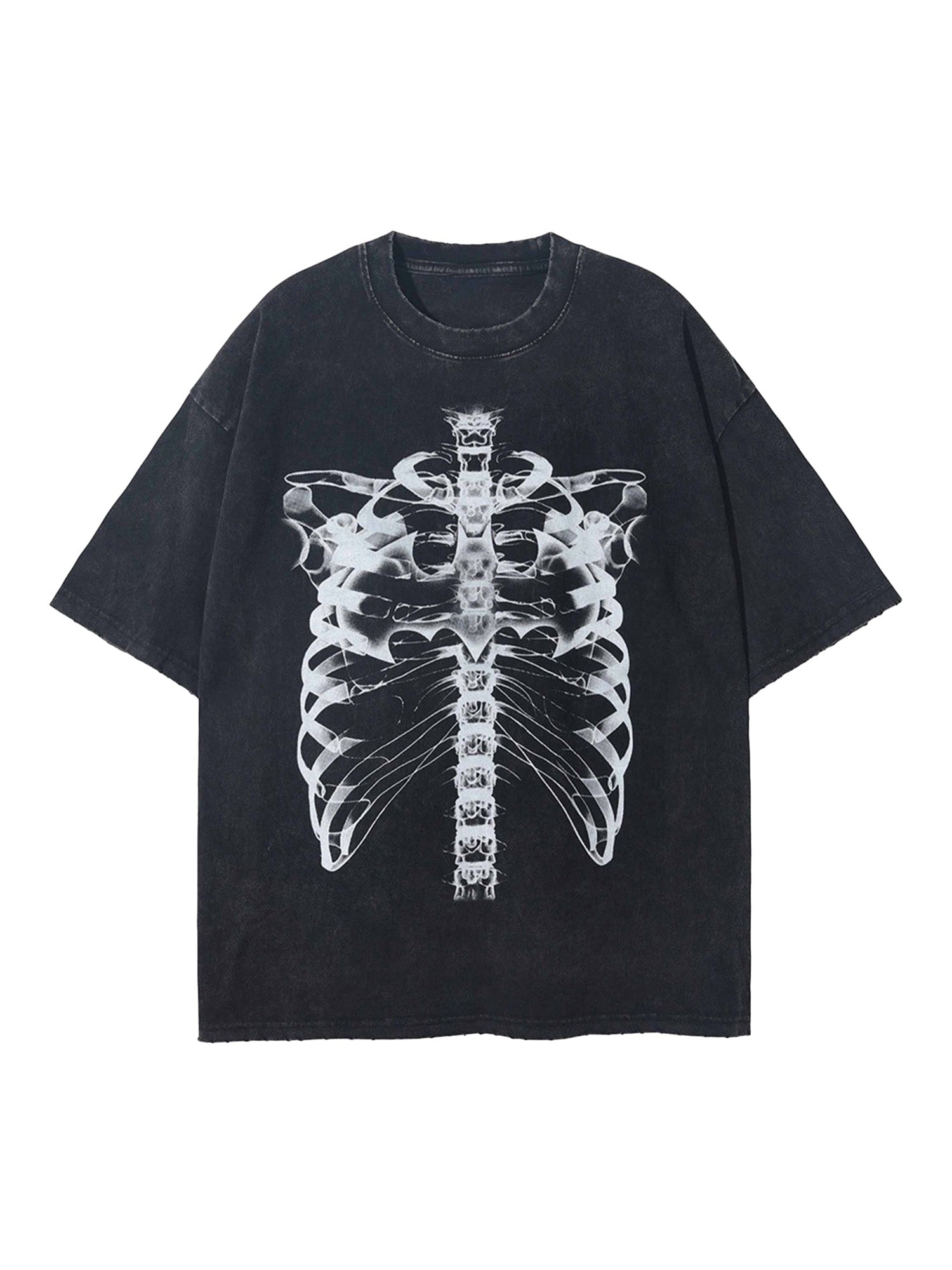 BLACK SKELETON PRINT SHORT SLEEVE T-SHIRT WITH ROUND COLLAR