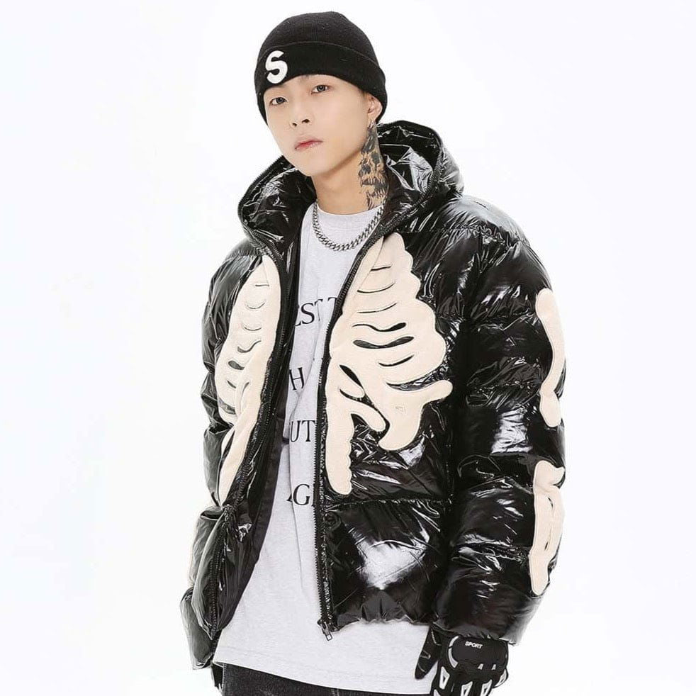 BLACK SKELETON PUFFER JACKET WITH BONES DESIGN