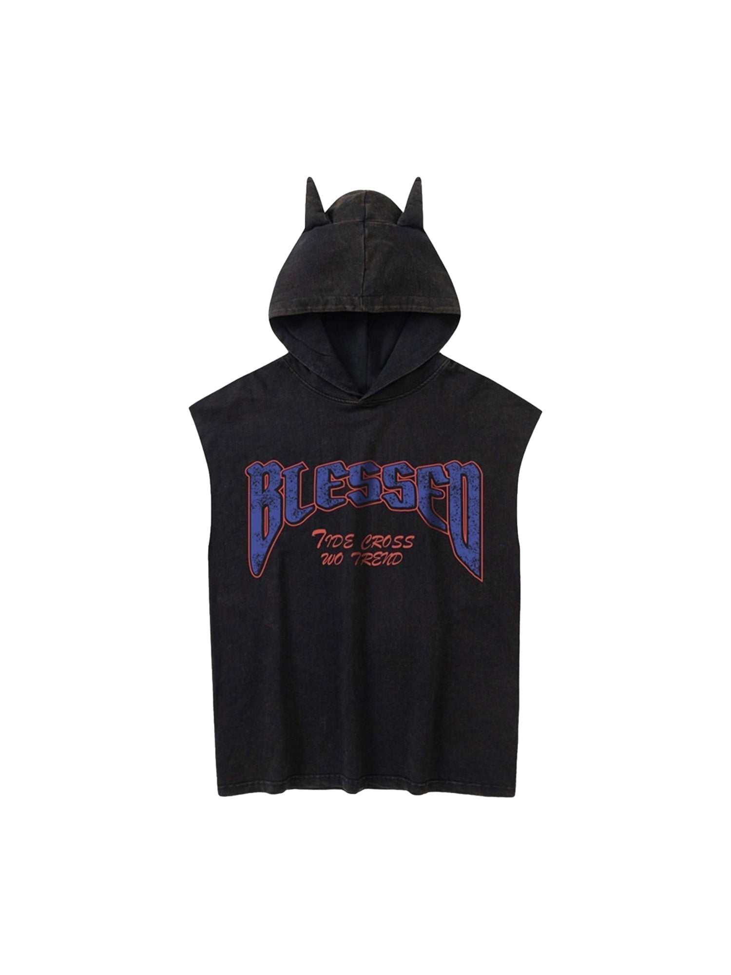 BLACK SLEEVELESS HOODIE WITH DEVIL HORNS AND CROSS GRAPHIC TRENDY CASUAL