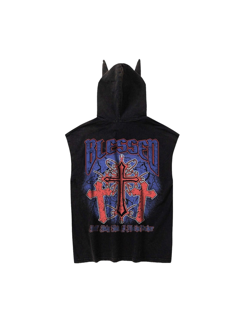 BLACK SLEEVELESS HOODIE WITH DEVIL HORNS AND CROSS GRAPHIC TRENDY CASUAL