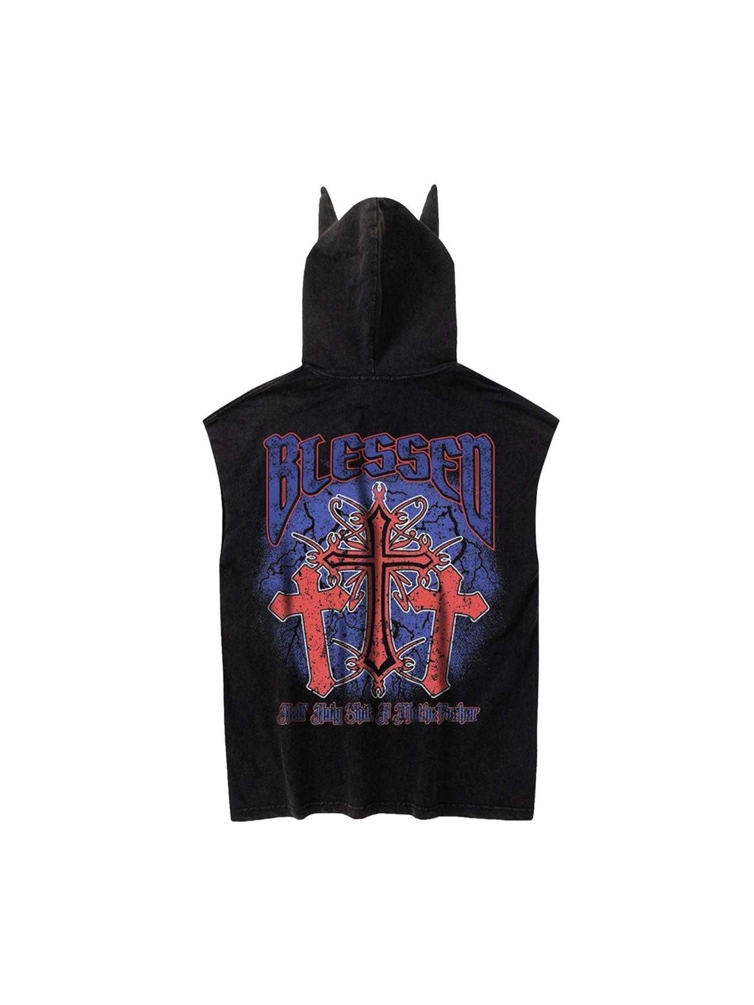 BLACK SLEEVELESS HOODIE WITH DEVIL HORNS AND CROSS GRAPHIC TRENDY CASUAL