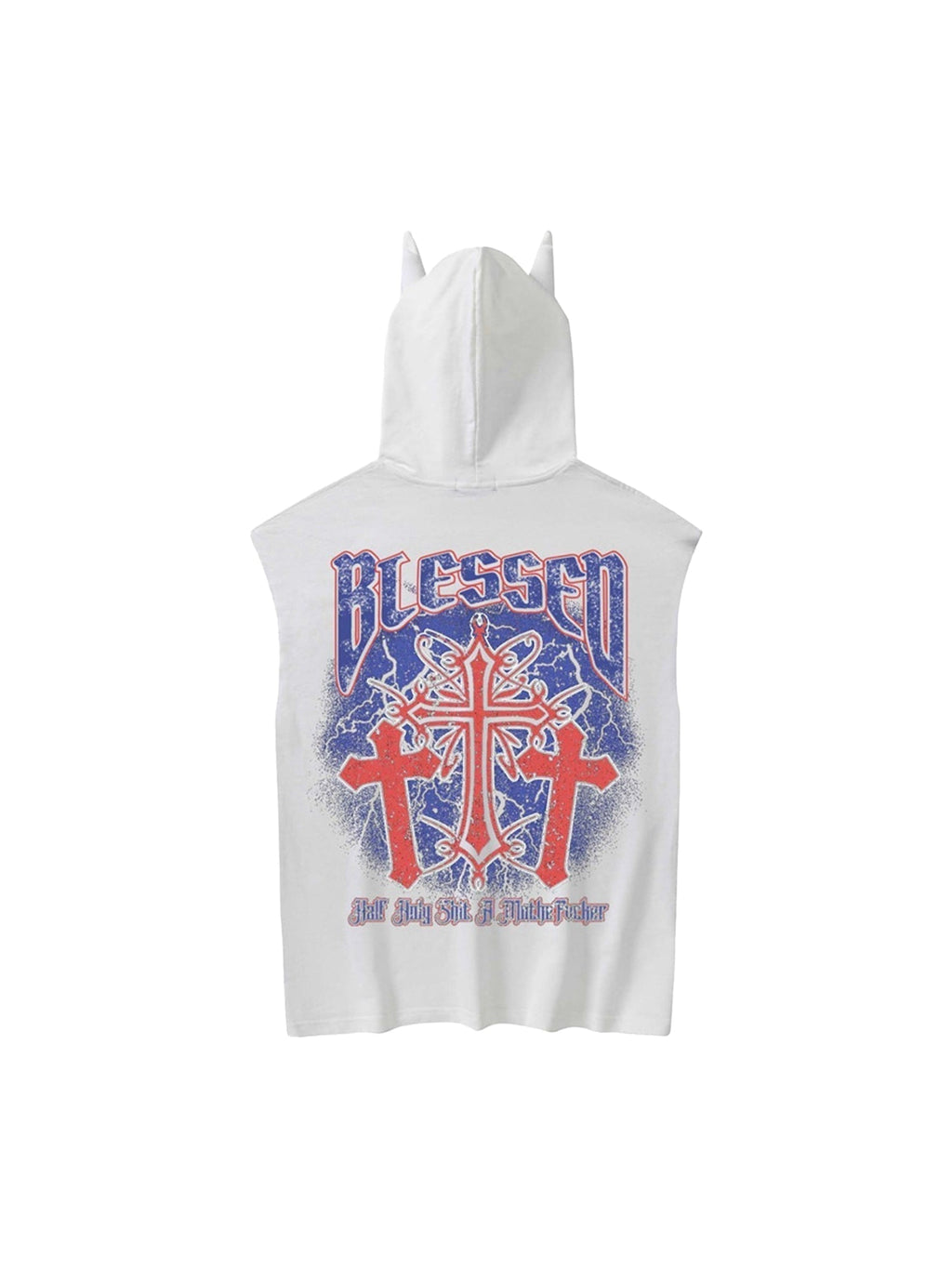 BLACK SLEEVELESS HOODIE WITH DEVIL HORNS AND CROSS GRAPHIC TRENDY CASUAL