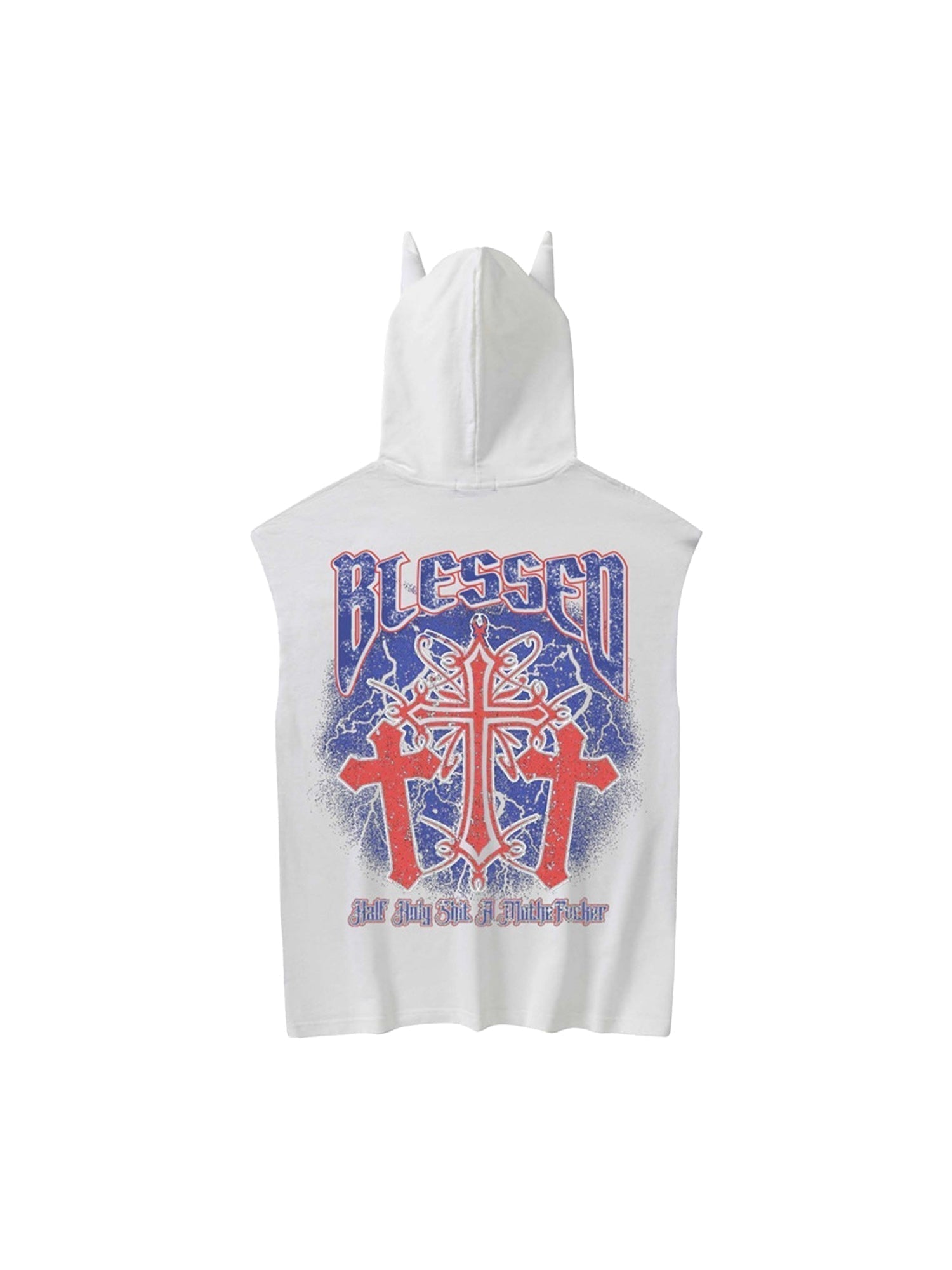 BLACK SLEEVELESS HOODIE WITH DEVIL HORNS AND CROSS GRAPHIC TRENDY CASUAL