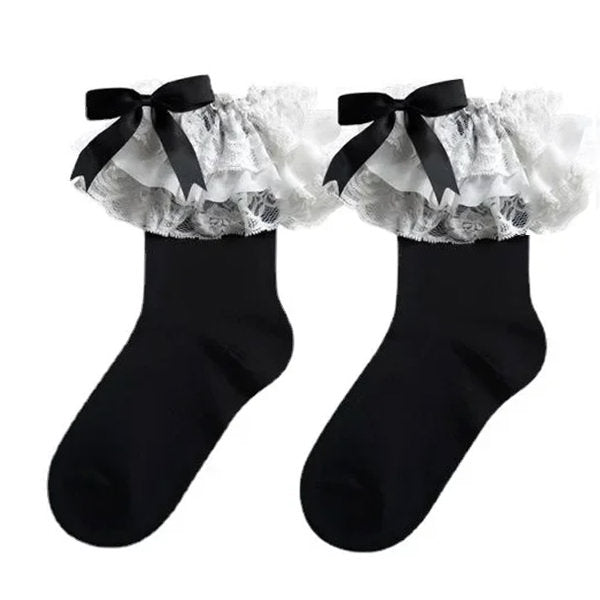 BLACK SOCKS WITH WHITE LACE AND BOWS FOR WOMEN