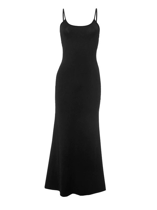 BLACK SPAGHETTI STRAP DRESS WITH BUTTERFLY BACK AND HOLLOW EMBROIDERY