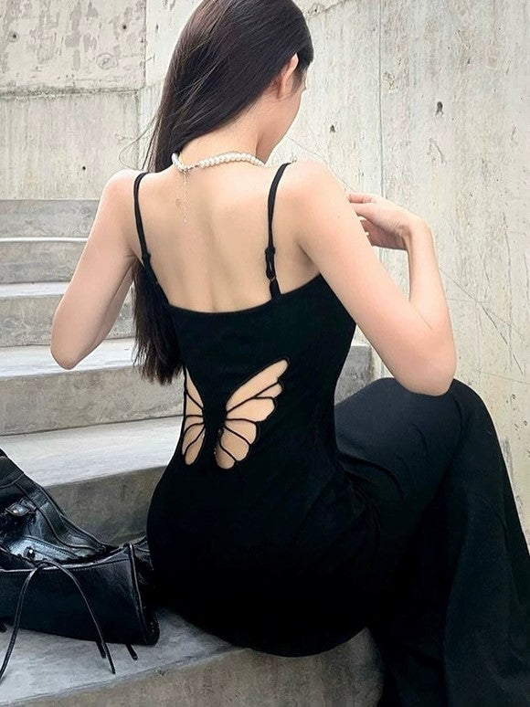 BLACK SPAGHETTI STRAP DRESS WITH BUTTERFLY BACK AND HOLLOW EMBROIDERY
