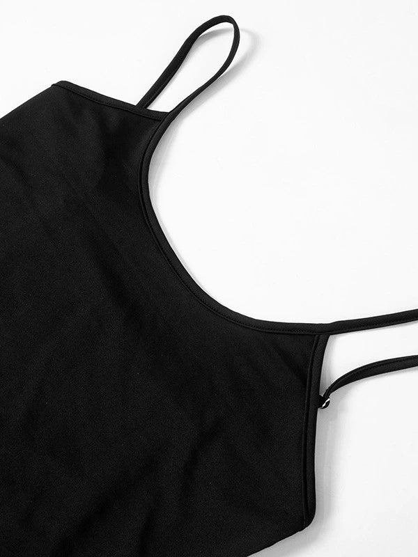 BLACK SPAGHETTI STRAP DRESS WITH BUTTERFLY BACK AND HOLLOW EMBROIDERY