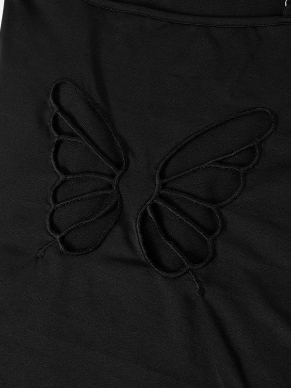 BLACK SPAGHETTI STRAP DRESS WITH BUTTERFLY BACK AND HOLLOW EMBROIDERY