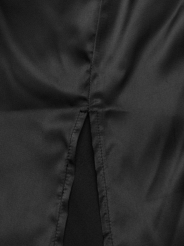 BLACK SPAGHETTI STRAP DRESS WITH THIGH-HIGH SLIT AND COWL NECK MAXI