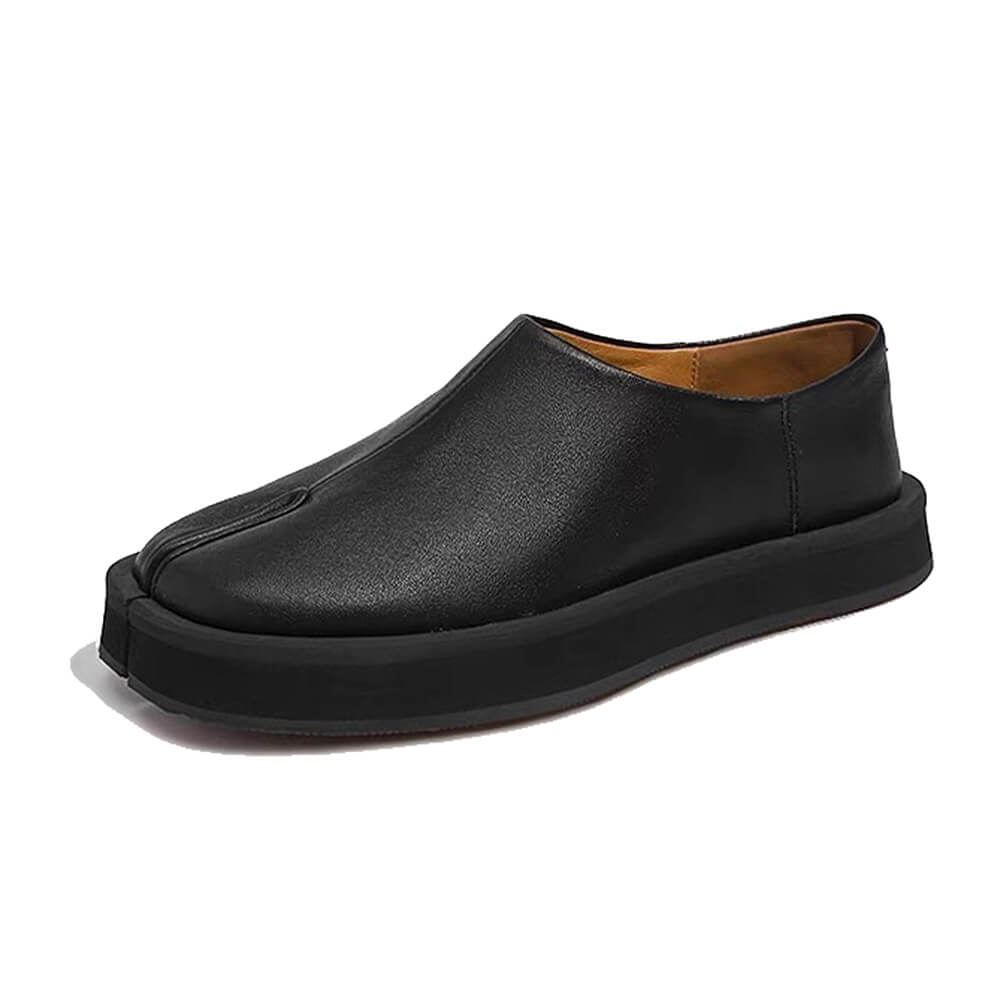 BLACK SPLIT-TOE LEATHER SLIP-ON SHOES WITH SHOE SIZING CHART