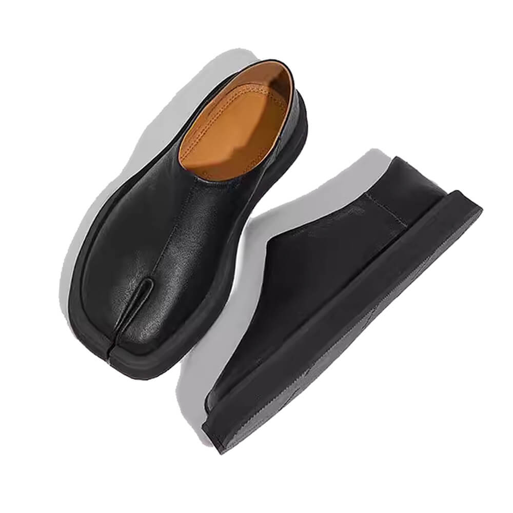 BLACK SPLIT-TOE LEATHER SLIP-ON SHOES WITH SHOE SIZING CHART