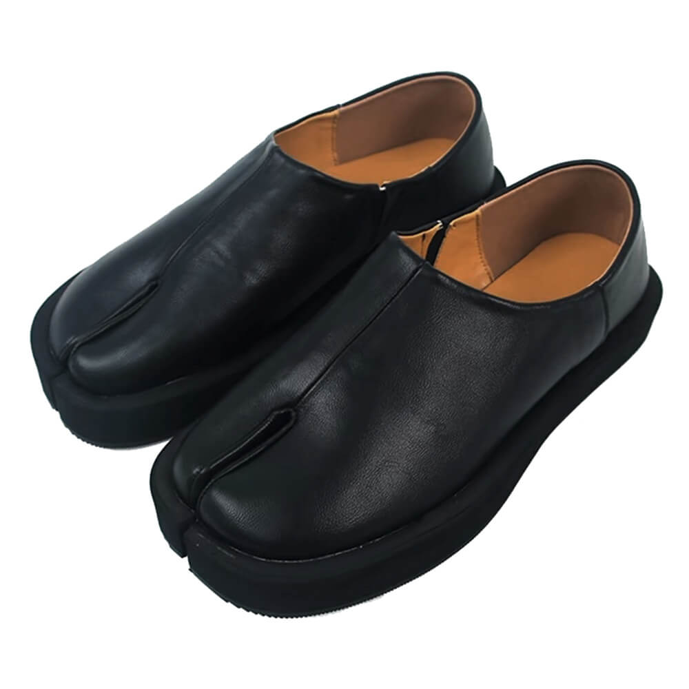 BLACK SPLIT-TOE LEATHER SLIP-ON SHOES WITH SHOE SIZING CHART