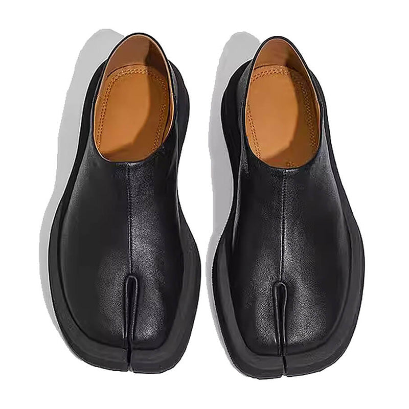 BLACK SPLIT-TOE LEATHER SLIP-ON SHOES WITH SHOE SIZING CHART