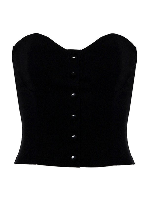 BLACK STRAPLESS BUTTON-DOWN TOP WITH CHIC BANDEAU CORSET DESIGN