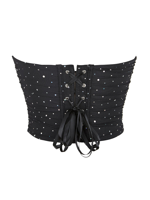 BLACK STRAPLESS CORSET TOP WITH RHINESTONE BANDAGE EMBELLISHMENTS