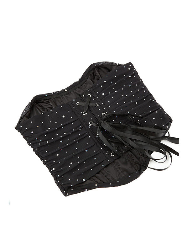 BLACK STRAPLESS CORSET TOP WITH RHINESTONE BANDAGE EMBELLISHMENTS