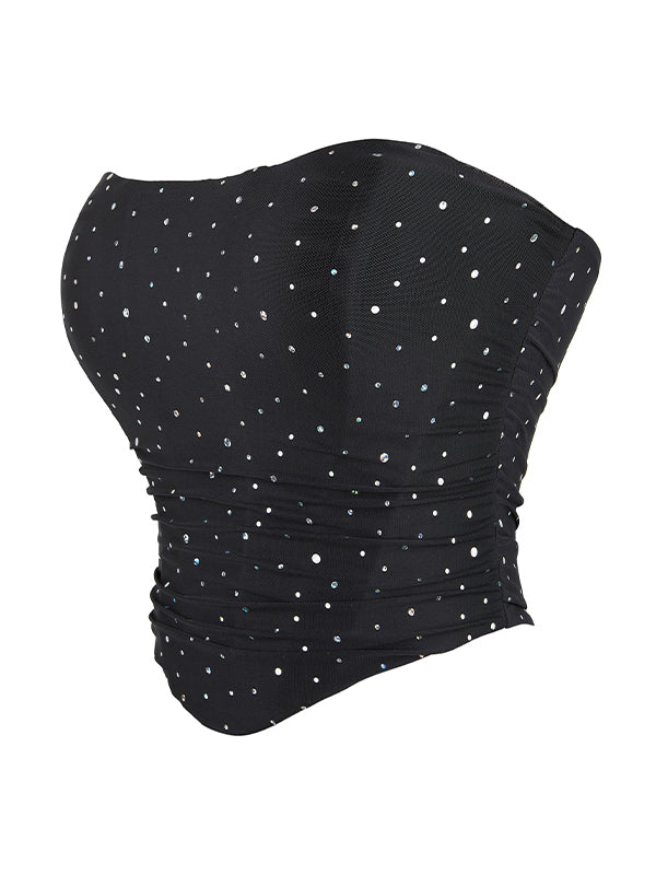 BLACK STRAPLESS CORSET TOP WITH RHINESTONE BANDAGE EMBELLISHMENTS