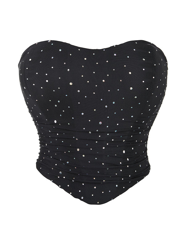 BLACK STRAPLESS CORSET TOP WITH RHINESTONE BANDAGE EMBELLISHMENTS