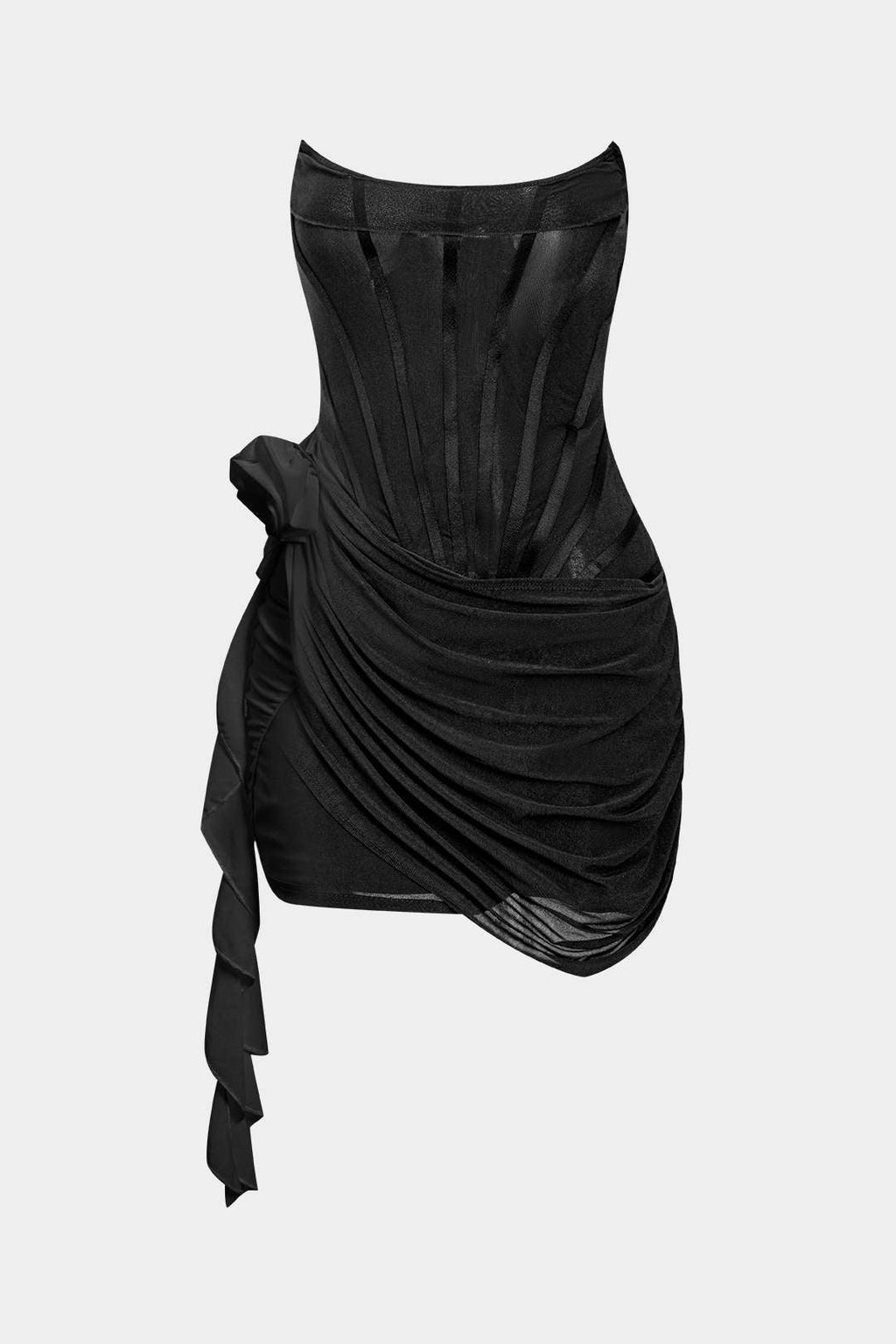 BLACK STRAPLESS DRAPED MINI DRESS CLASSIC SOLID COLOR MINI