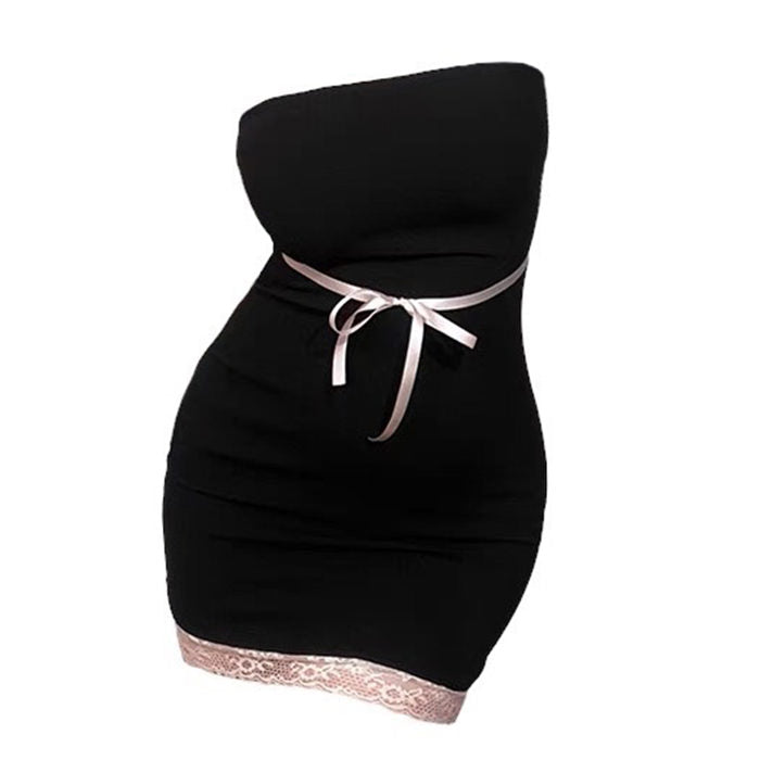 BLACK STRAPLESS DRESS WITH PINK RIBBON AND LACE TRIM EVENING WEAR