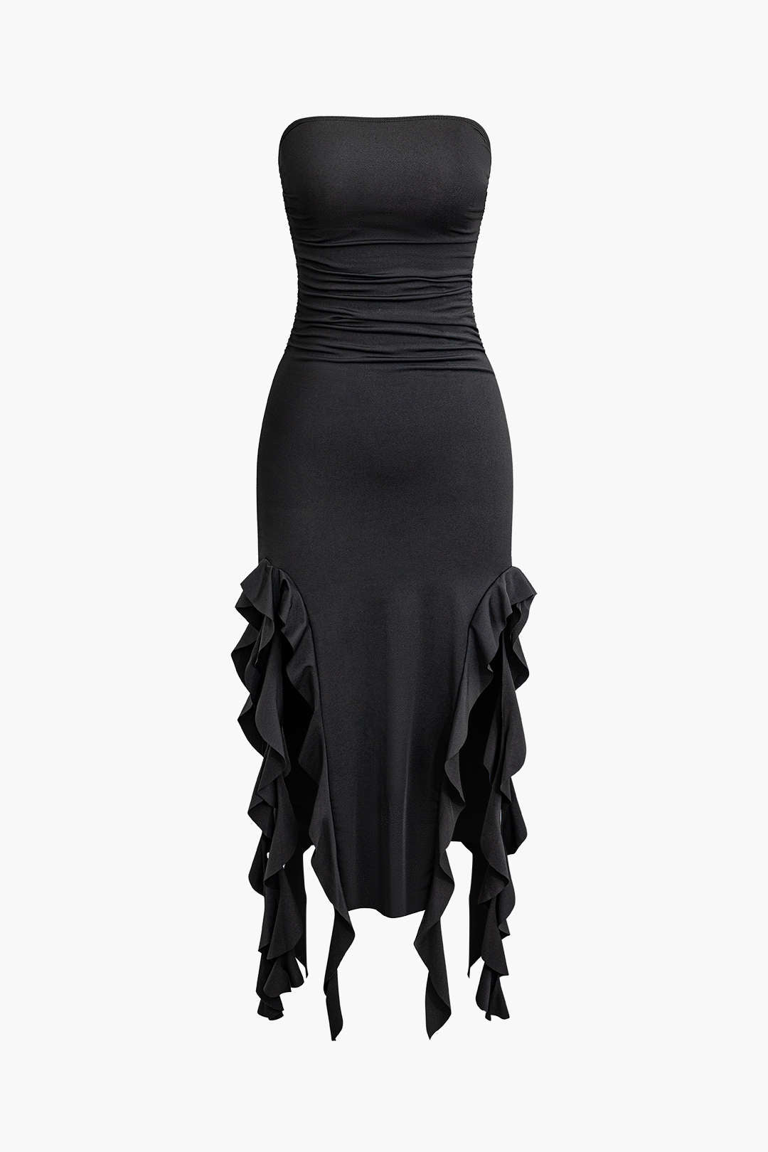 BLACK STRAPLESS MIDI DRESS WITH RUFFLES FOR WARM WEATHER AND SPECIAL OCCASIONS