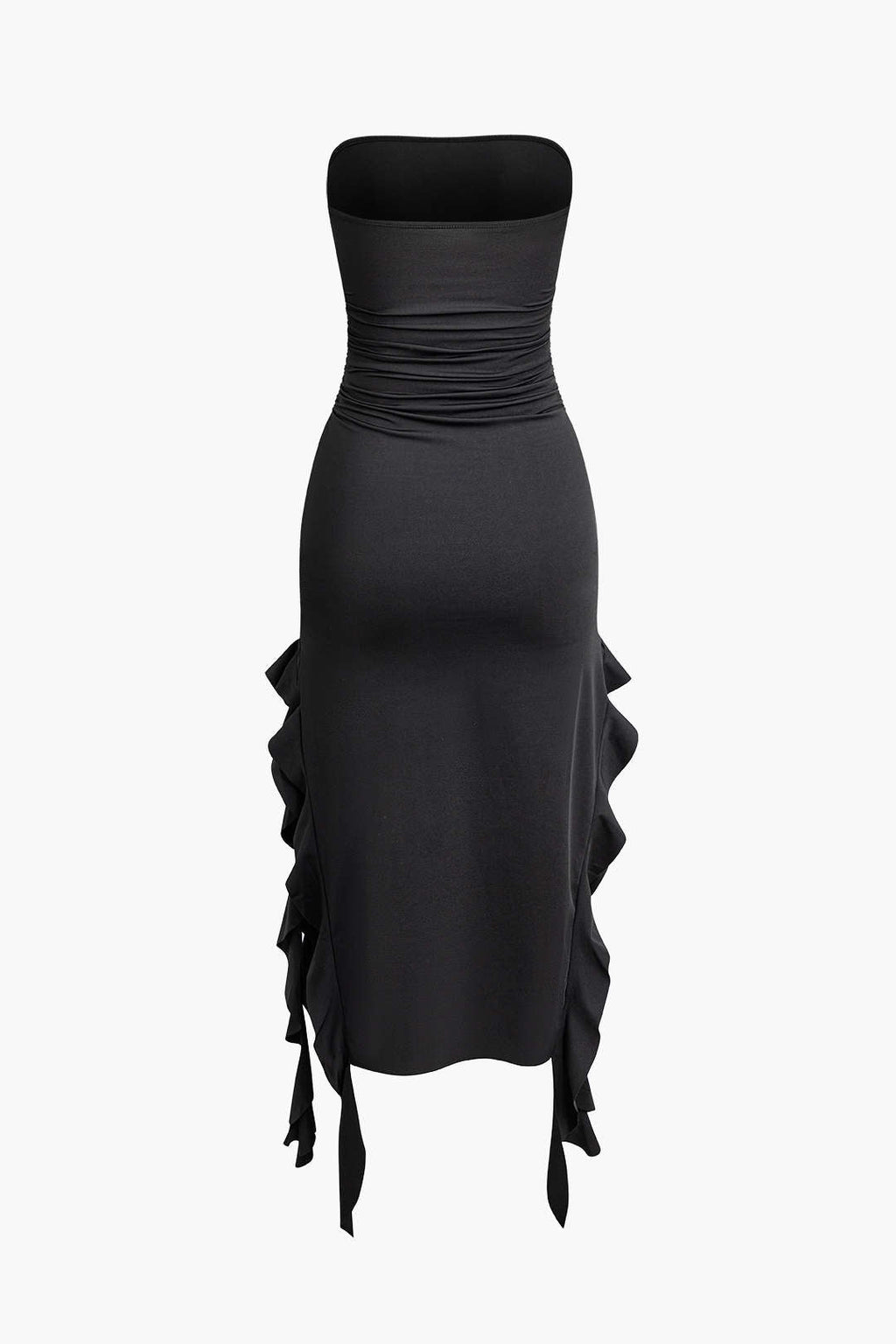BLACK STRAPLESS MIDI DRESS WITH RUFFLES FOR WARM WEATHER AND SPECIAL OCCASIONS