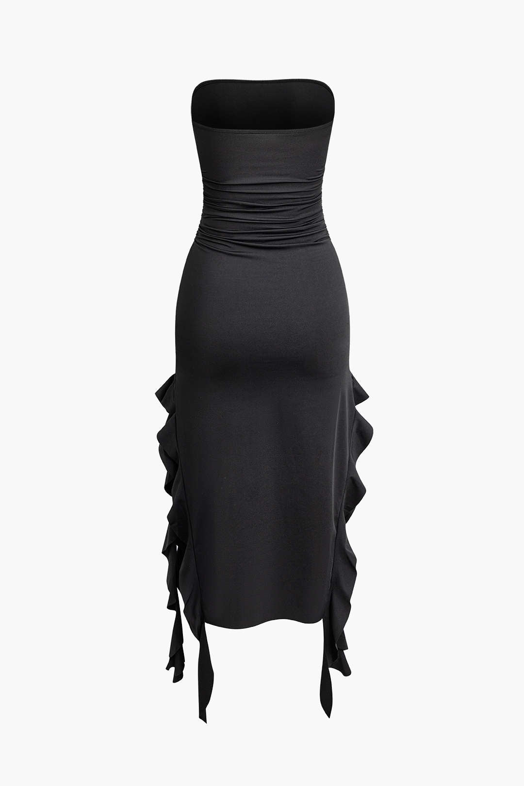 BLACK STRAPLESS MIDI DRESS WITH RUFFLES FOR WARM WEATHER AND SPECIAL OCCASIONS
