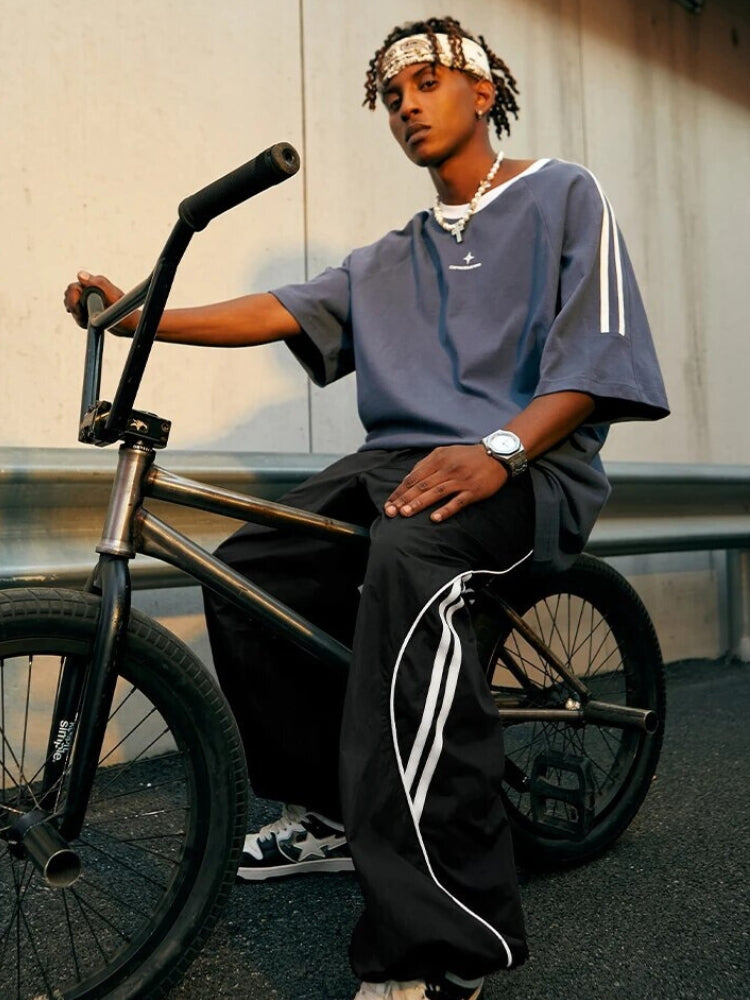 BLACK STRIPED JOGGER TRACK PANTS WITH WHITE STRIPES FOR ACTIVE WEAR