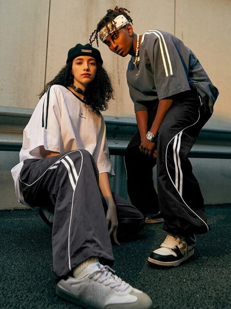 BLACK STRIPED JOGGER TRACK PANTS WITH WHITE STRIPES FOR ACTIVE WEAR