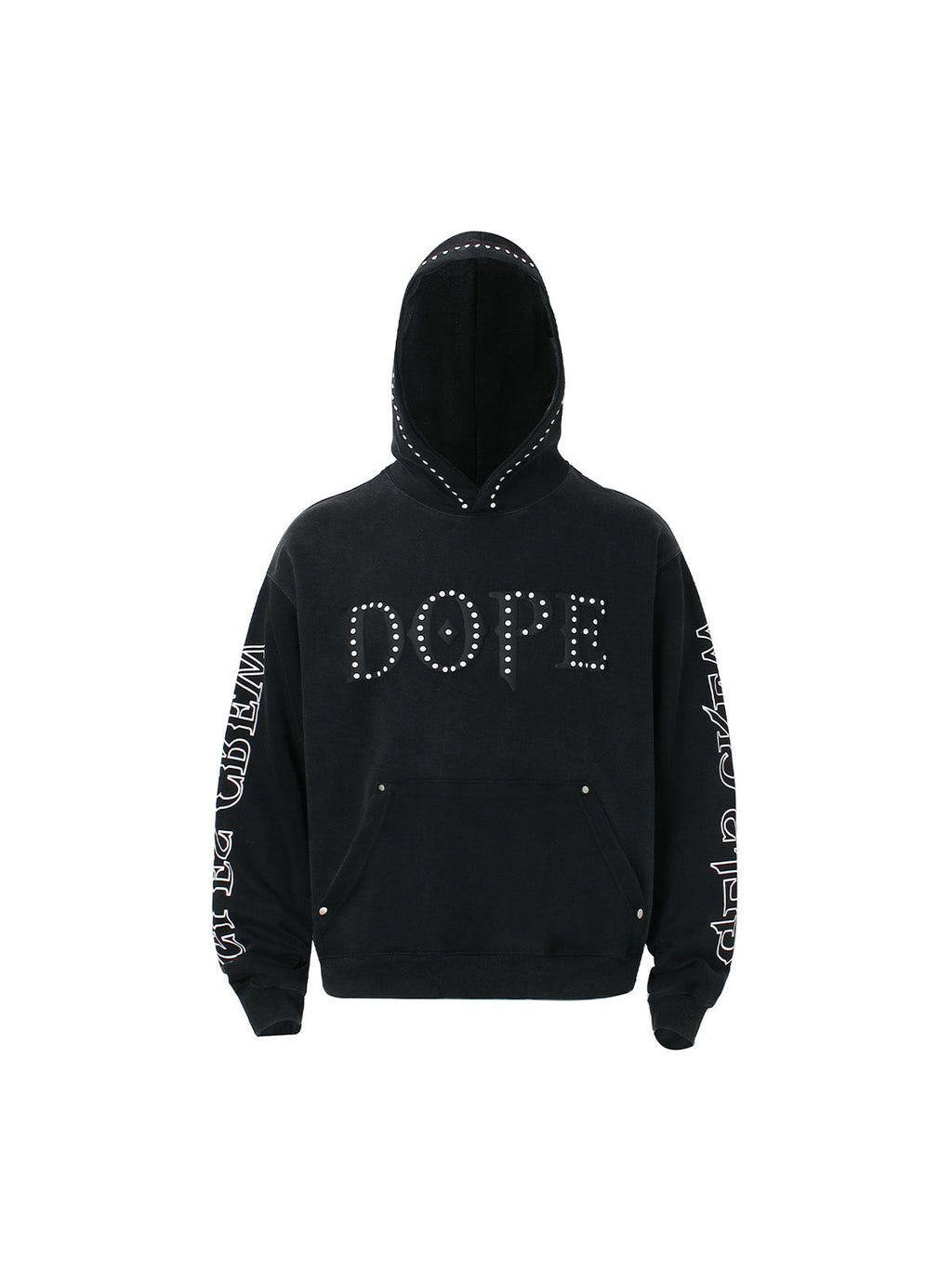 BLACK STUDDED HOODIE WITH GRAPHIC DOPE LETTERING AND EMBROIDERED COLLAR