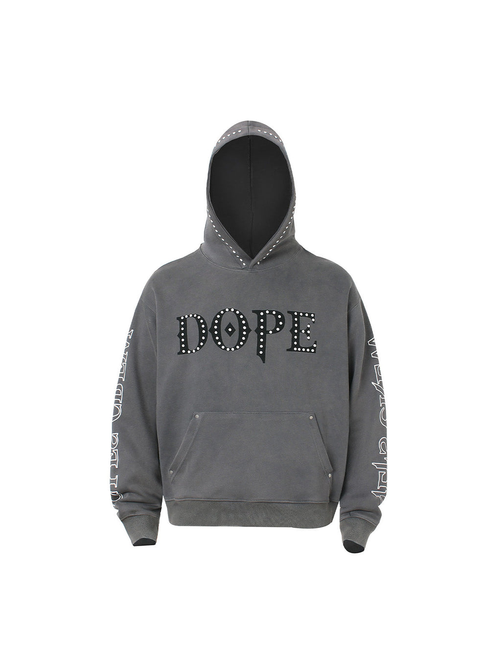 BLACK STUDDED HOODIE WITH GRAPHIC DOPE LETTERING AND EMBROIDERED COLLAR