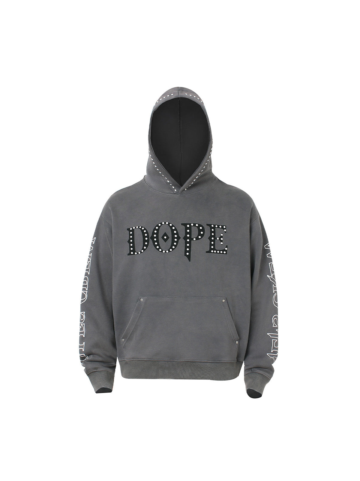 BLACK STUDDED HOODIE WITH GRAPHIC DOPE LETTERING AND EMBROIDERED COLLAR