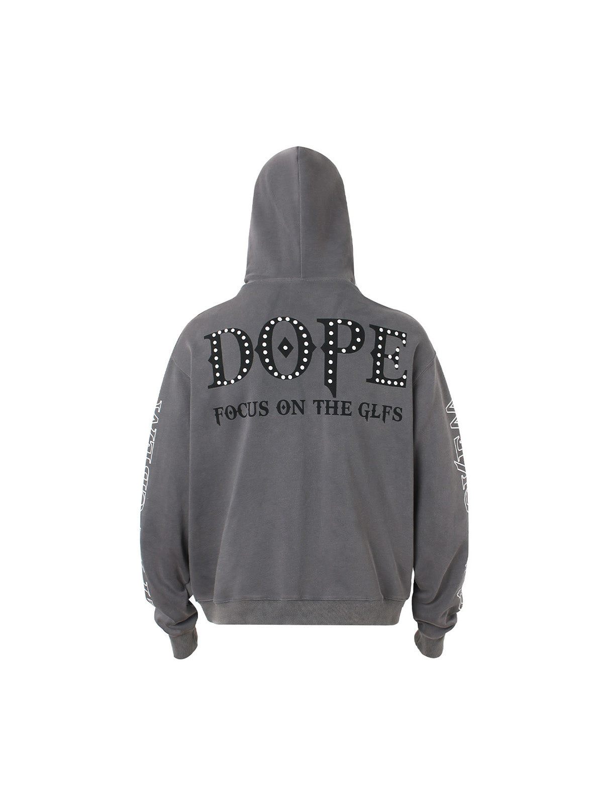 BLACK STUDDED HOODIE WITH GRAPHIC DOPE LETTERING AND EMBROIDERED COLLAR